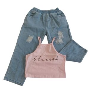 Toddler Baby Girls Denim Ripped Jeans Fashion Outfit Pink Blessed Top Shirt Set